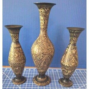 Vintage Set Of 3 Black Enameled Intricate Etched Thin Brass Vases Made In India